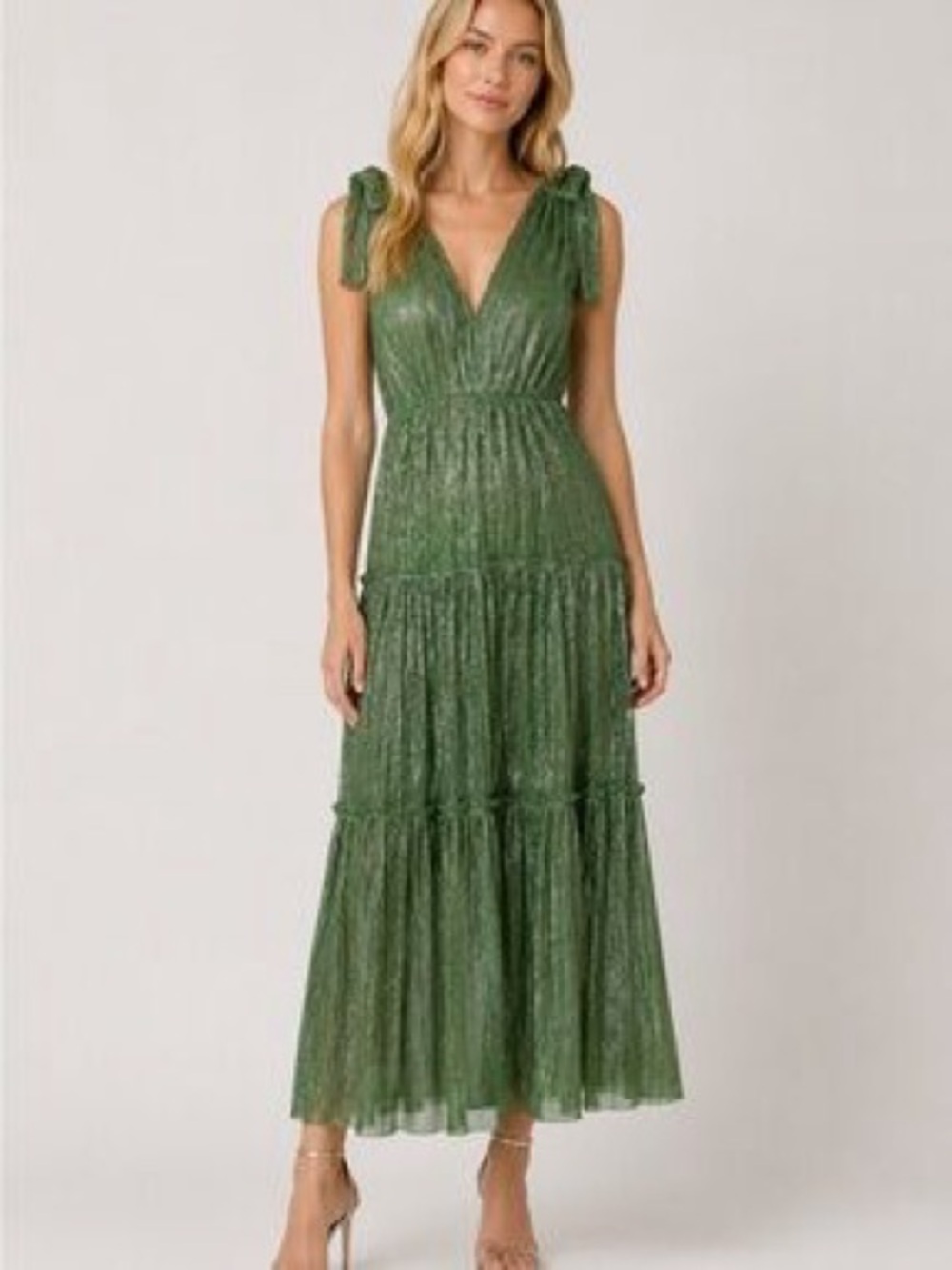 Sabina Musayev Olive Green V-Neck Maxi Dress with Tie Shoulders